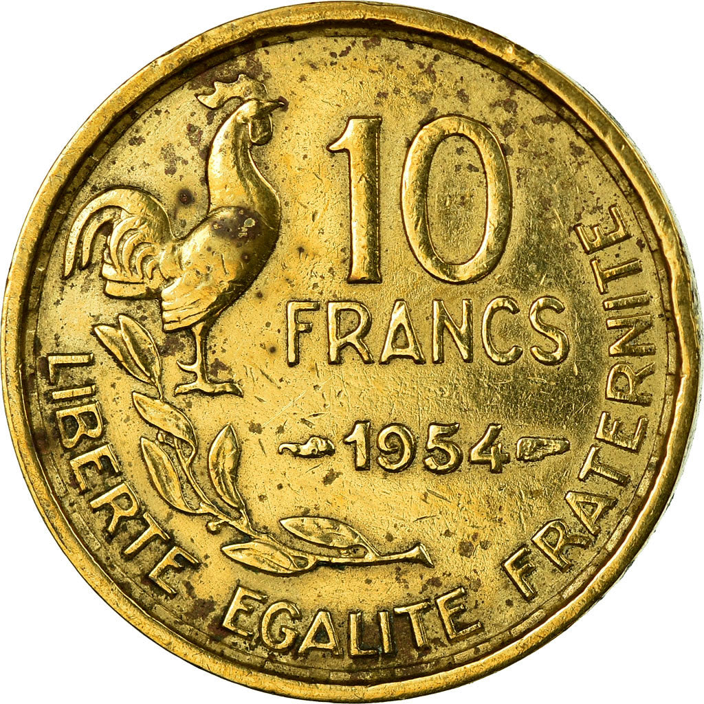 Moneda, Francia, Guiraud, 10 Francs, 1954, Paris, BC+, Aluminio - bronce