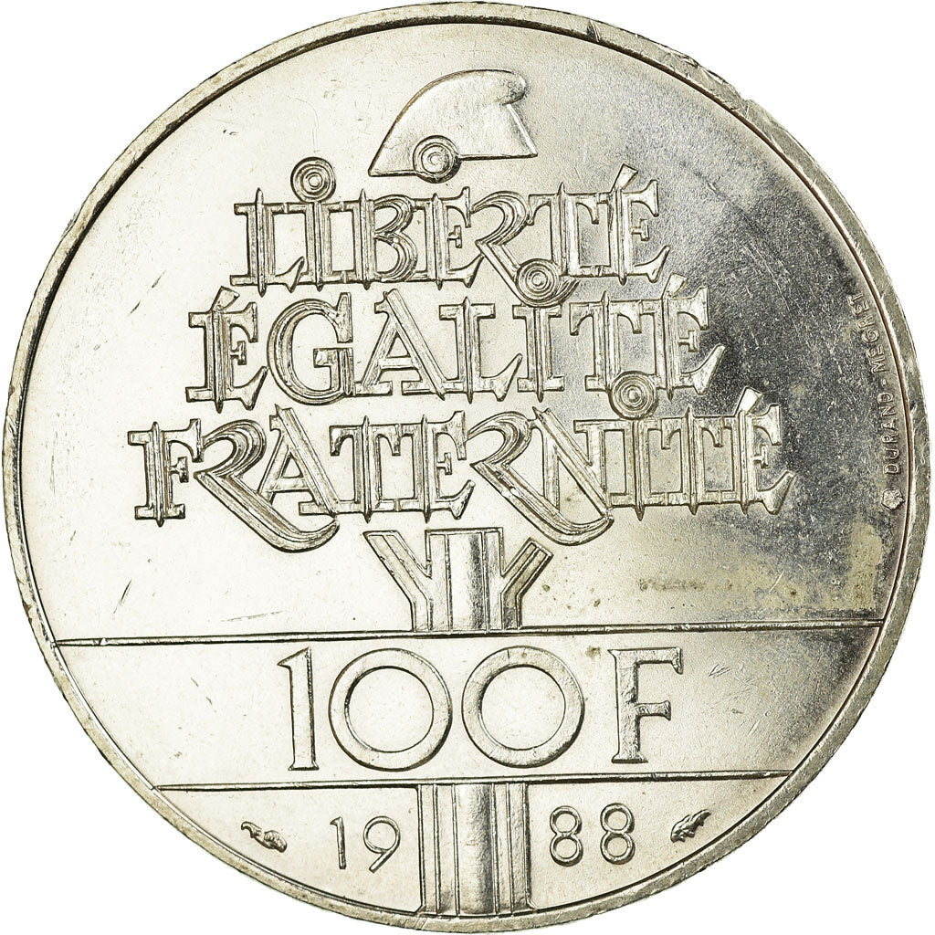 Coin, France, Fraternité, 100 Francs, 1988, EF(40-45), Silver, KM:966