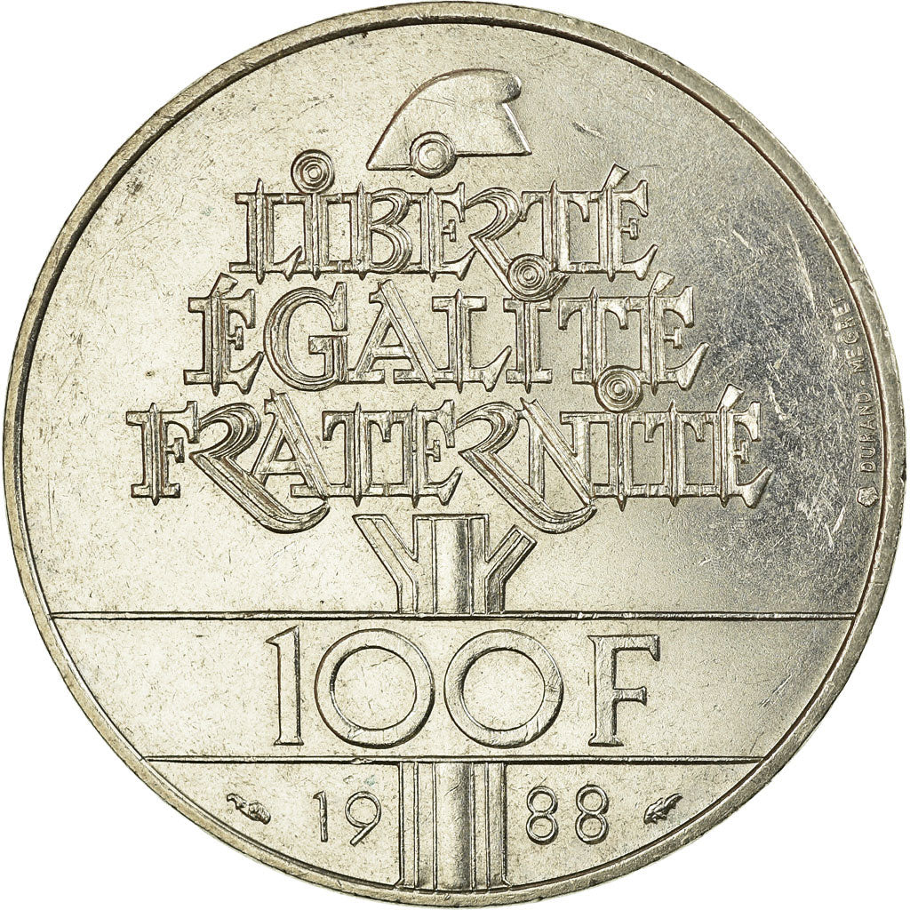 Coin, France, Fraternité, 100 Francs, 1988, EF(40-45), Silver, KM:966
