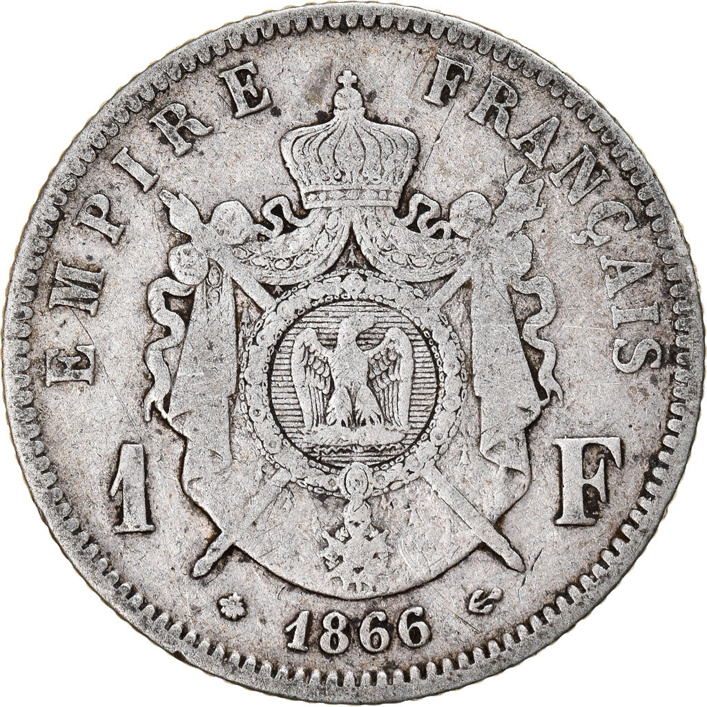 Moeda, França, 1 Franc, 1866, Paris, VF(20-25), Prata, KM:806.1, Gadoury:463