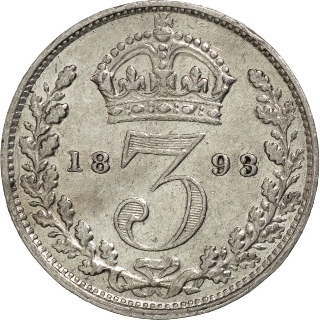 GREAT BRITAIN, 3 Pence, 1893, KM #777, AU(55-58), Silver, 16, 1.39
