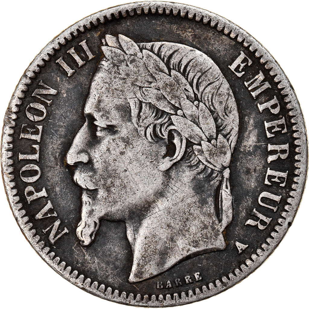 Moneda, Francia, 1 Franc, 1867, Paris, BC+, Plata, KM:806.1, Gadoury:463