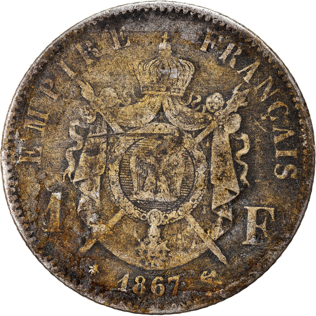 Moneda, Francia, 1 Franc, 1867, Paris, BC+, Plata, KM:806.1, Gadoury:463