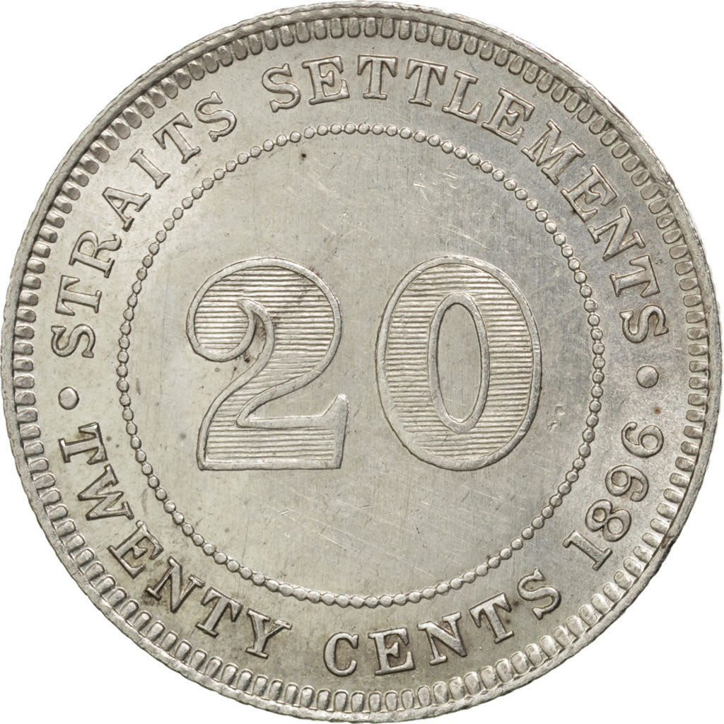 STRAITS SETTLEMENTS, 20 Cents, 1896, KM #12, AU(55-58), Silver, 23, 5.44