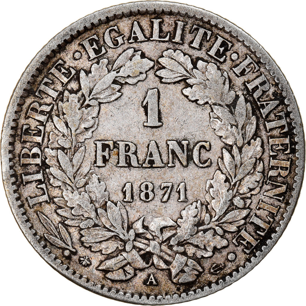 Coin, France, Cérès, Franc, 1871, Paris, VF(30-35), Silver, KM:822.1
