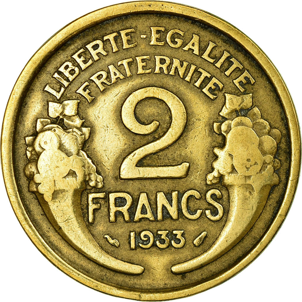 Moneda, Francia, Morlon, 2 Francs, 1933, Paris, BC+, Aluminio - bronce, KM:886