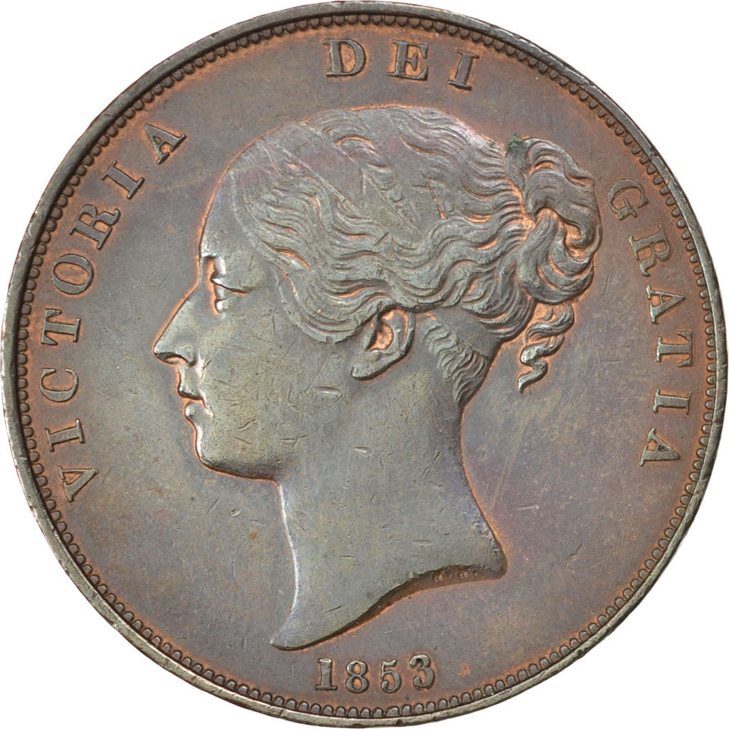 GREAT BRITAIN, Penny, 1853, KM #739, AU(50-53), Copper, 18.48
