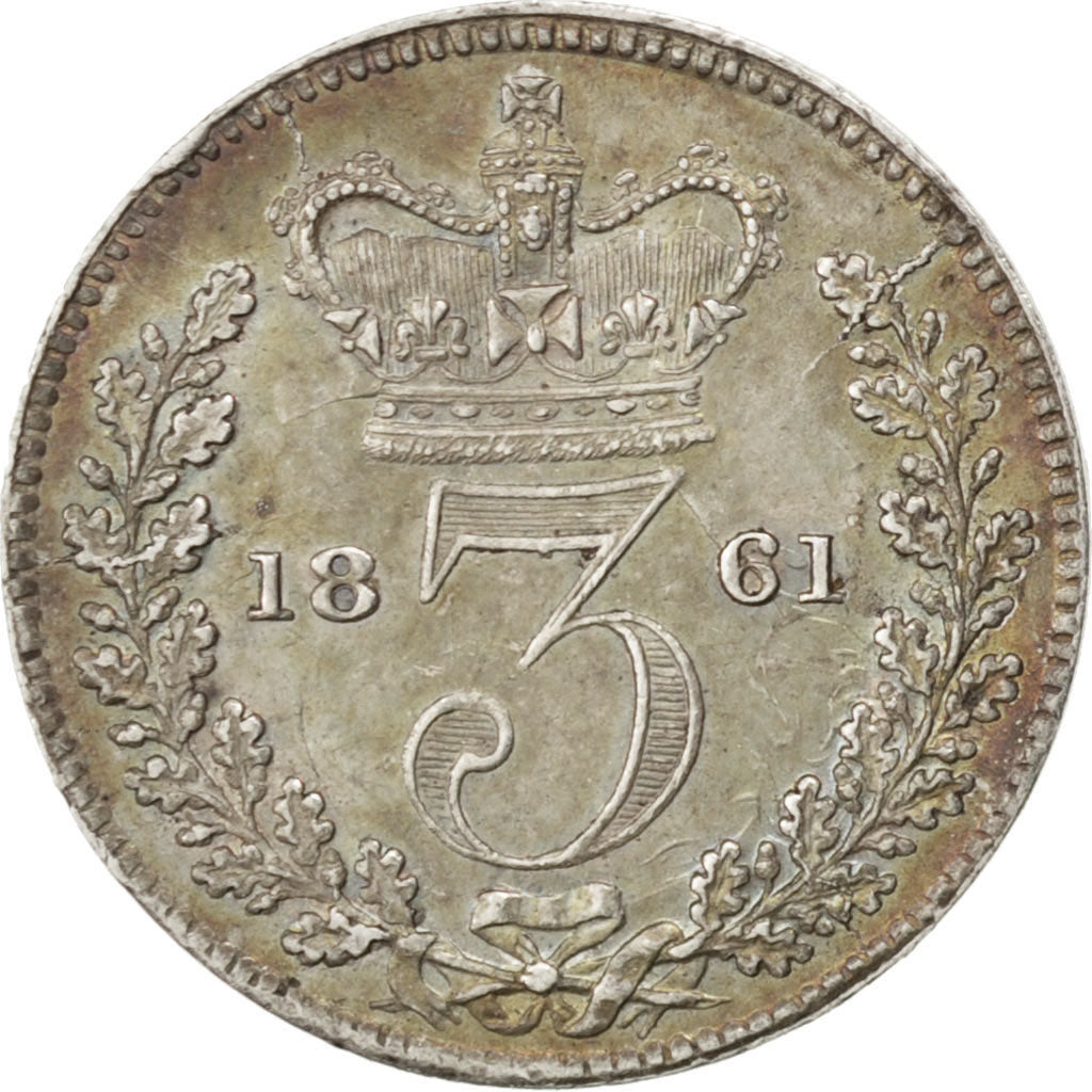 GREAT BRITAIN, 3 Pence, 1861, KM #730, AU(50-53), Silver, 1.39