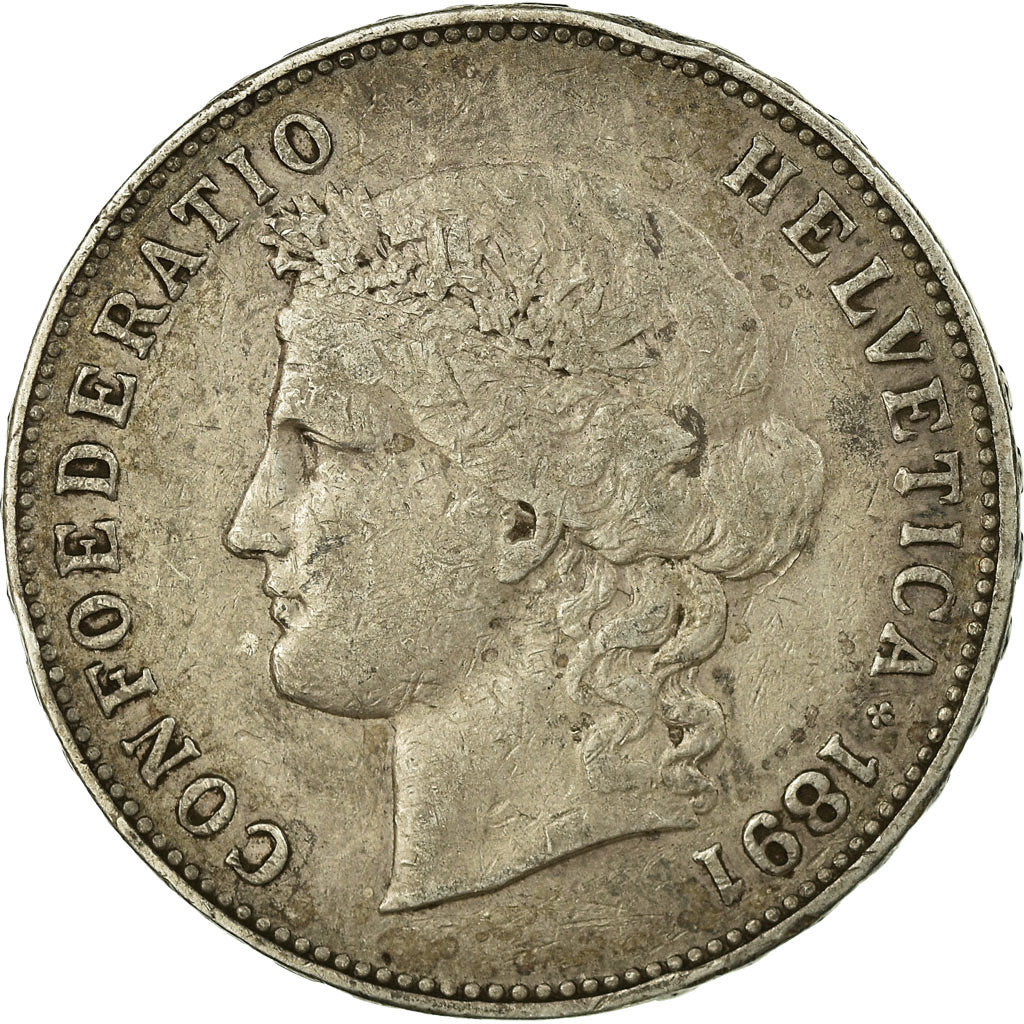 Coin, Switzerland, 5 Francs, 1891, Bern, VF(20-25), Silver, KM:34