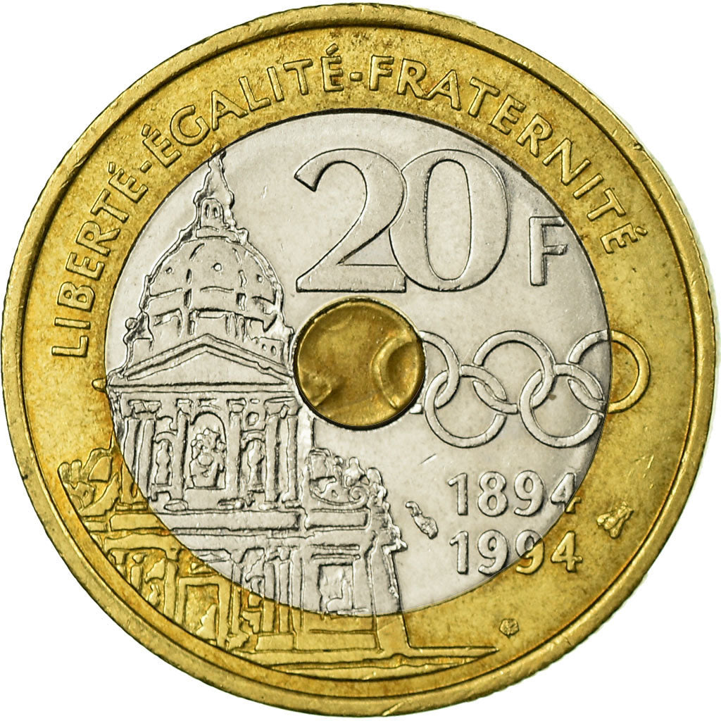 Coin, France, Pierre de Coubertin, 20 Francs, 1994, EF(40-45), Tri-Metallic