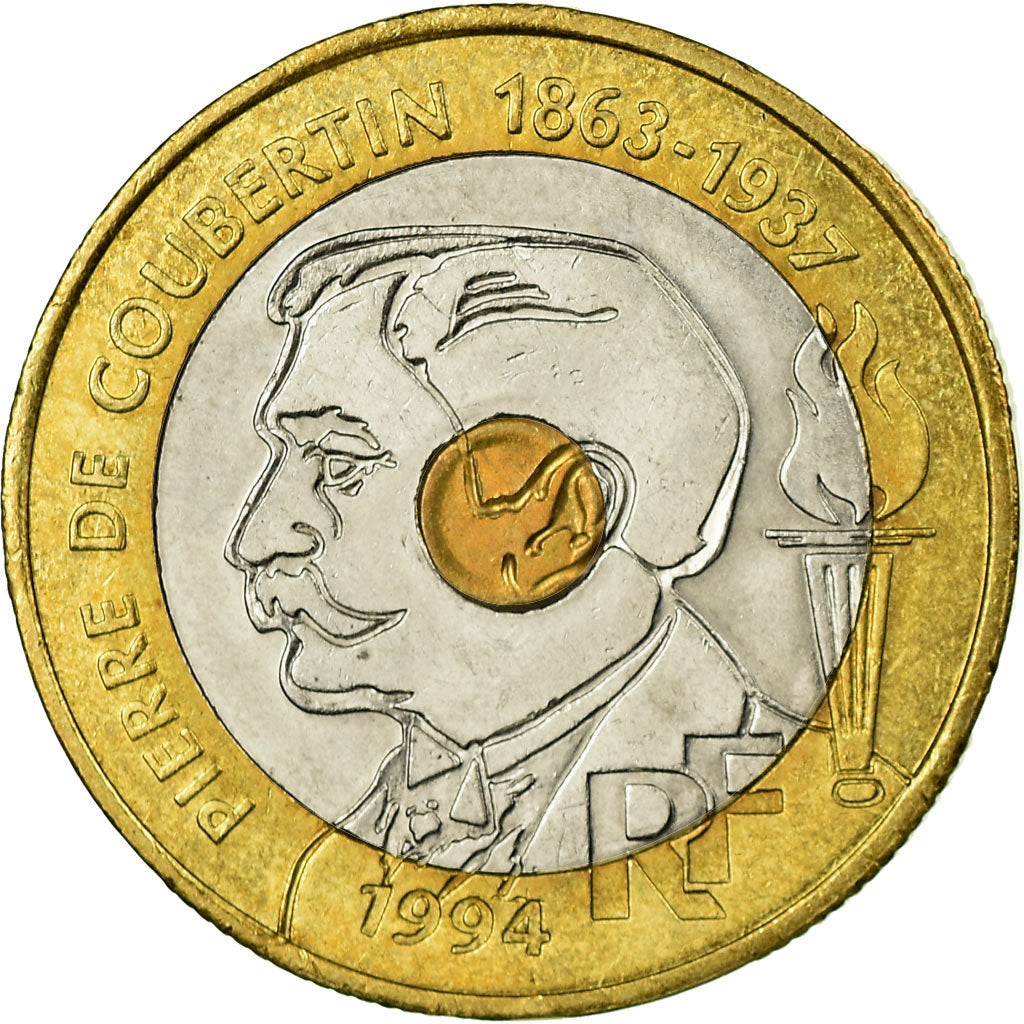 Coin, France, Pierre de Coubertin, 20 Francs, 1994, EF(40-45), Tri-Metallic