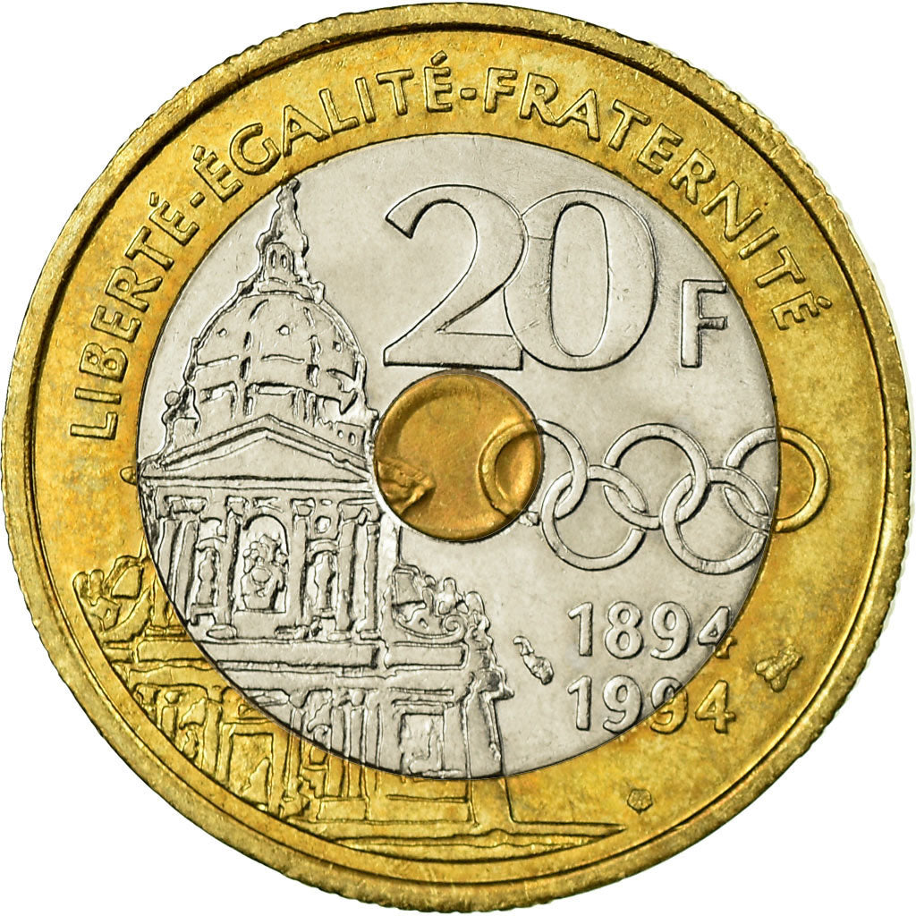 Coin, France, Pierre de Coubertin, 20 Francs, 1994, EF(40-45), Tri-Metallic
