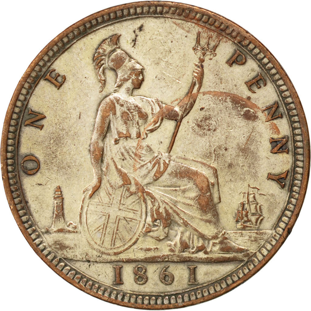 GREAT BRITAIN, Penny, 1861, KM #749.2, AU(50-53), Bronze, 31, 9.57