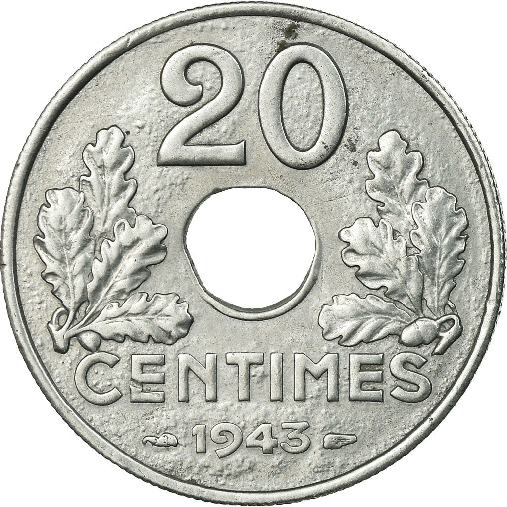 Moneta, Francja, État français, 20 Centimes, 1943, Paris, AU(55-58), Cynk