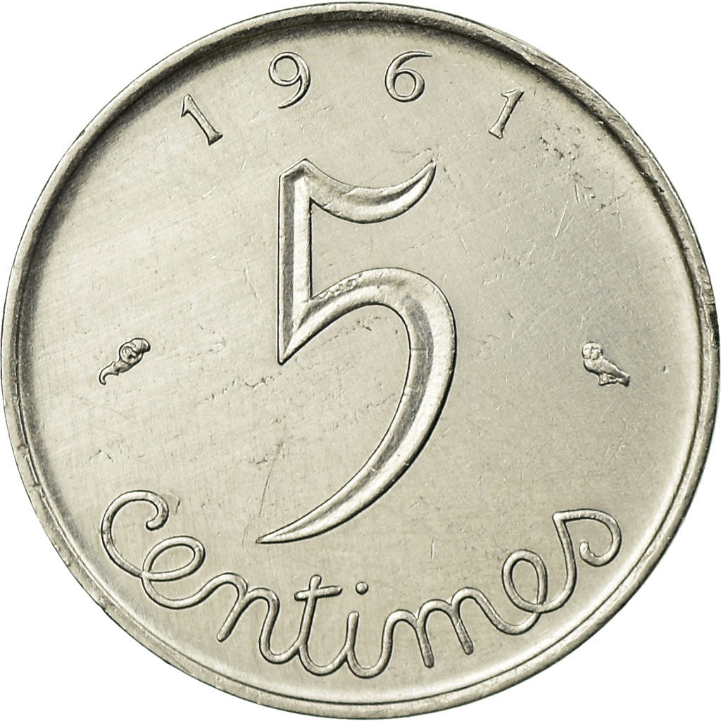 Moeda, França, Épi, 5 Centimes, 1961, Paris, EF(40-45), Aço Inoxidável