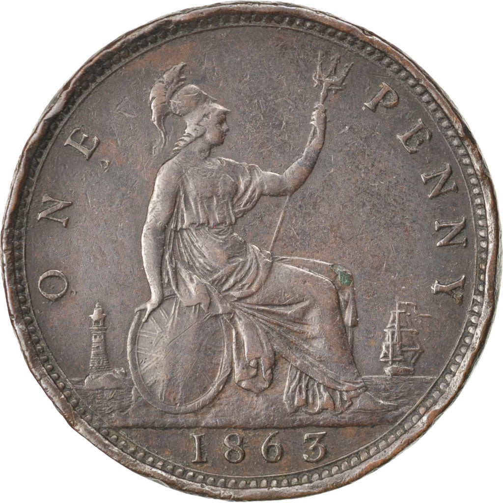 GREAT BRITAIN, Penny, 1863, KM #749.2, EF(40-45), Bronze, 31, 9.38