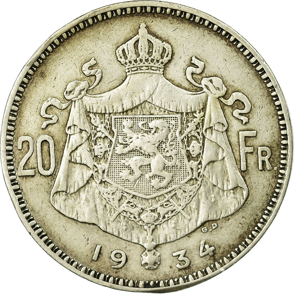 Coin, Belgium, 20 Francs, 20 Frank, 1934, EF(40-45), Silver, KM:104.1