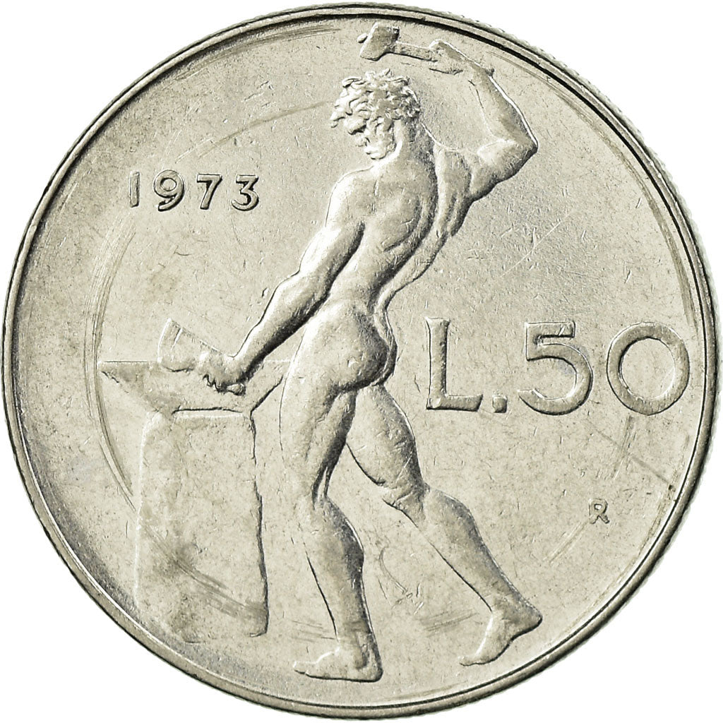 Moneta, Italia, 50 Lire, 1973, Rome, MB+, Acciaio inossidabile, KM:95.1