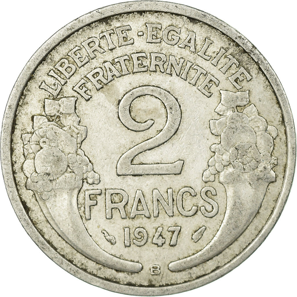 Moneda, Francia, Morlon, 2 Francs, 1947, Beaumont - Le Roger, BC+, Aluminio