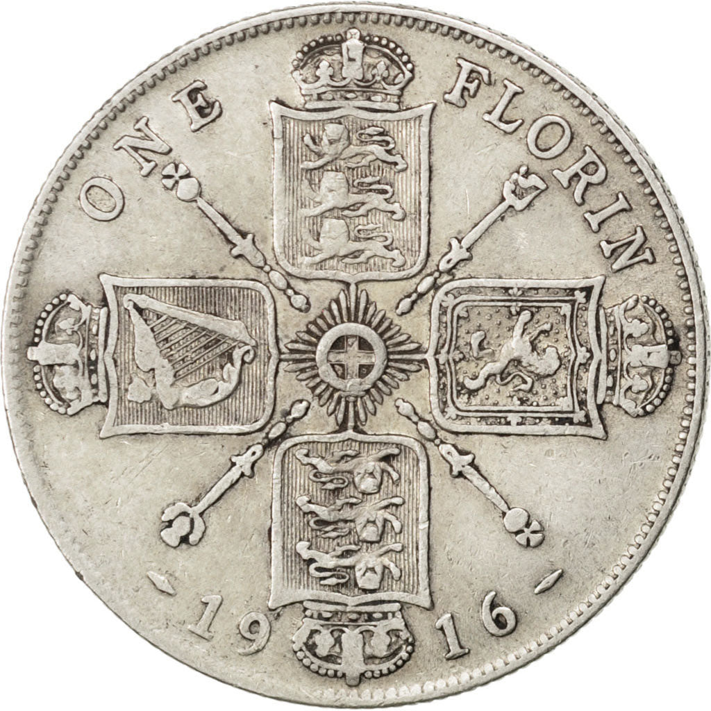 GREAT BRITAIN, Florin, Two Shillings, 1916, KM #817, VF(20-25), Silver, 28.3,...