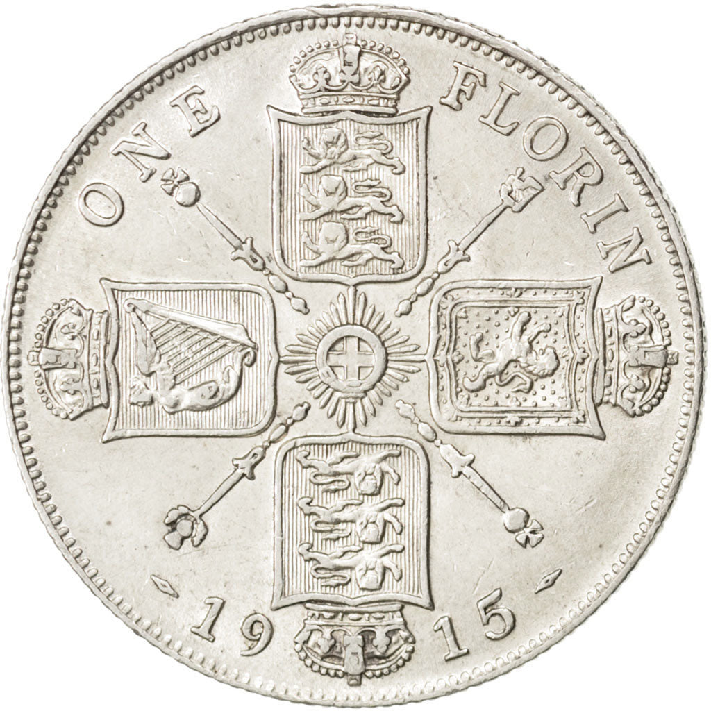GREAT BRITAIN, Florin, Two Shillings, 1915, KM #817, AU(55-58), Silver, 28.3,...