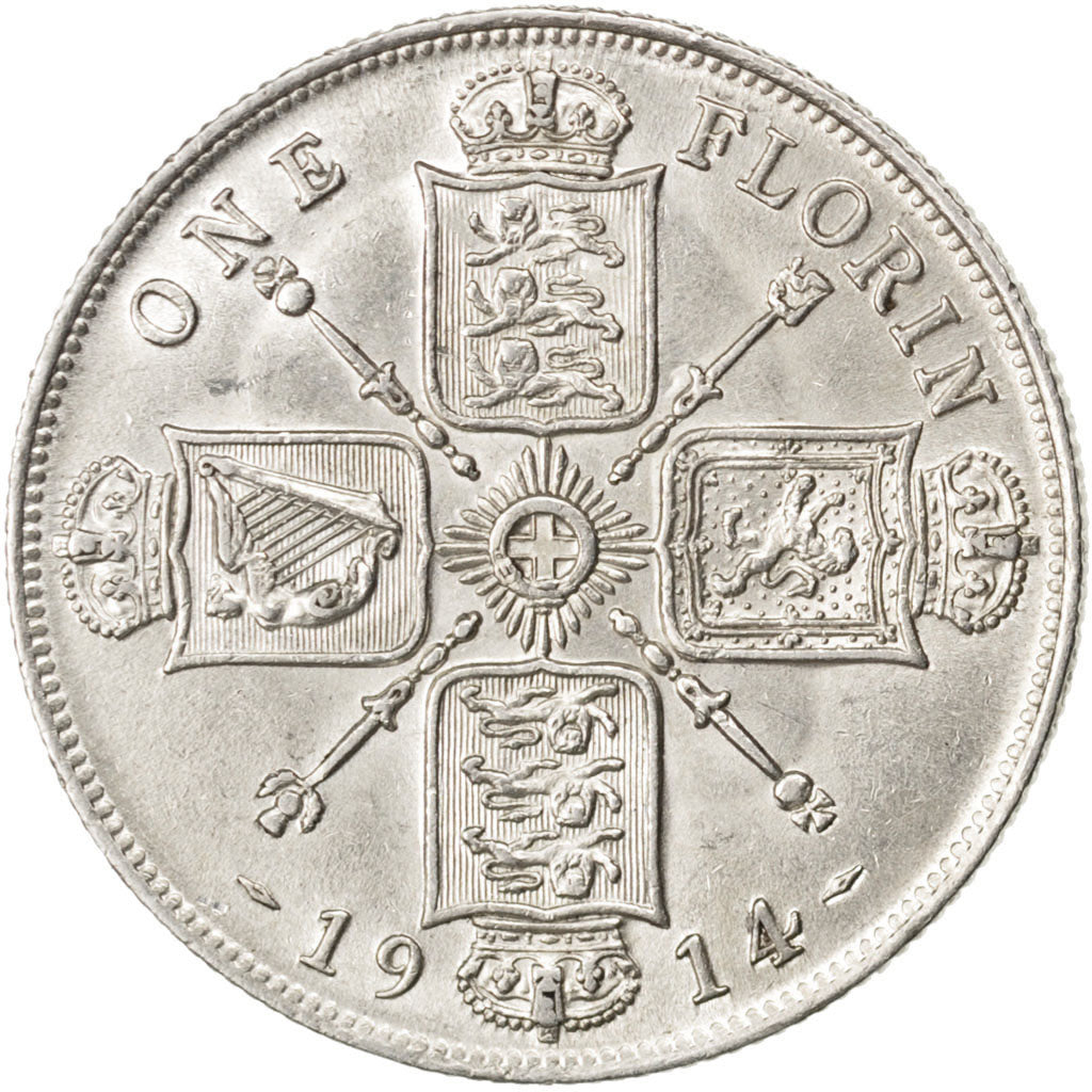 Coin, Great Britain, George V, Florin, Two Shillings, 1914, AU(55-58), Silver