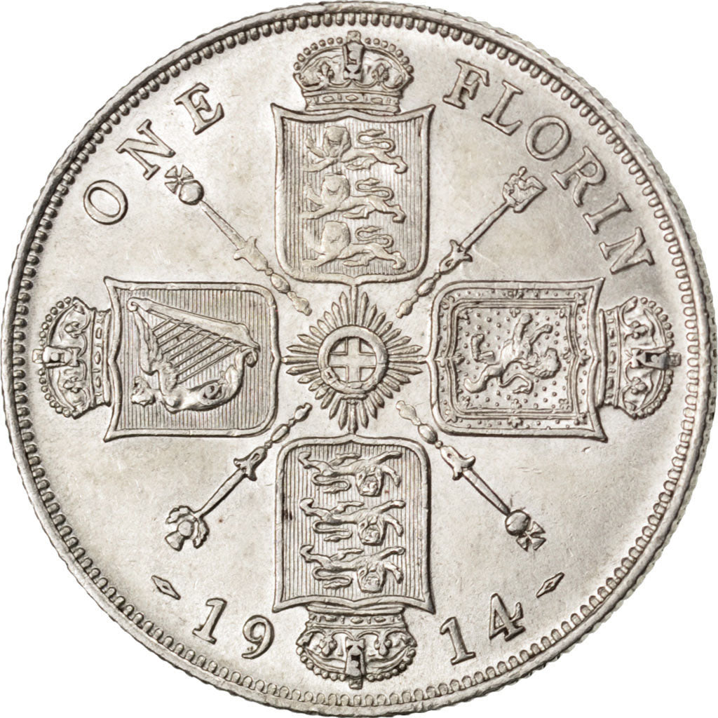 GREAT BRITAIN, Florin, Two Shillings, 1914, KM #817, AU(55-58), Silver, 28.3,...