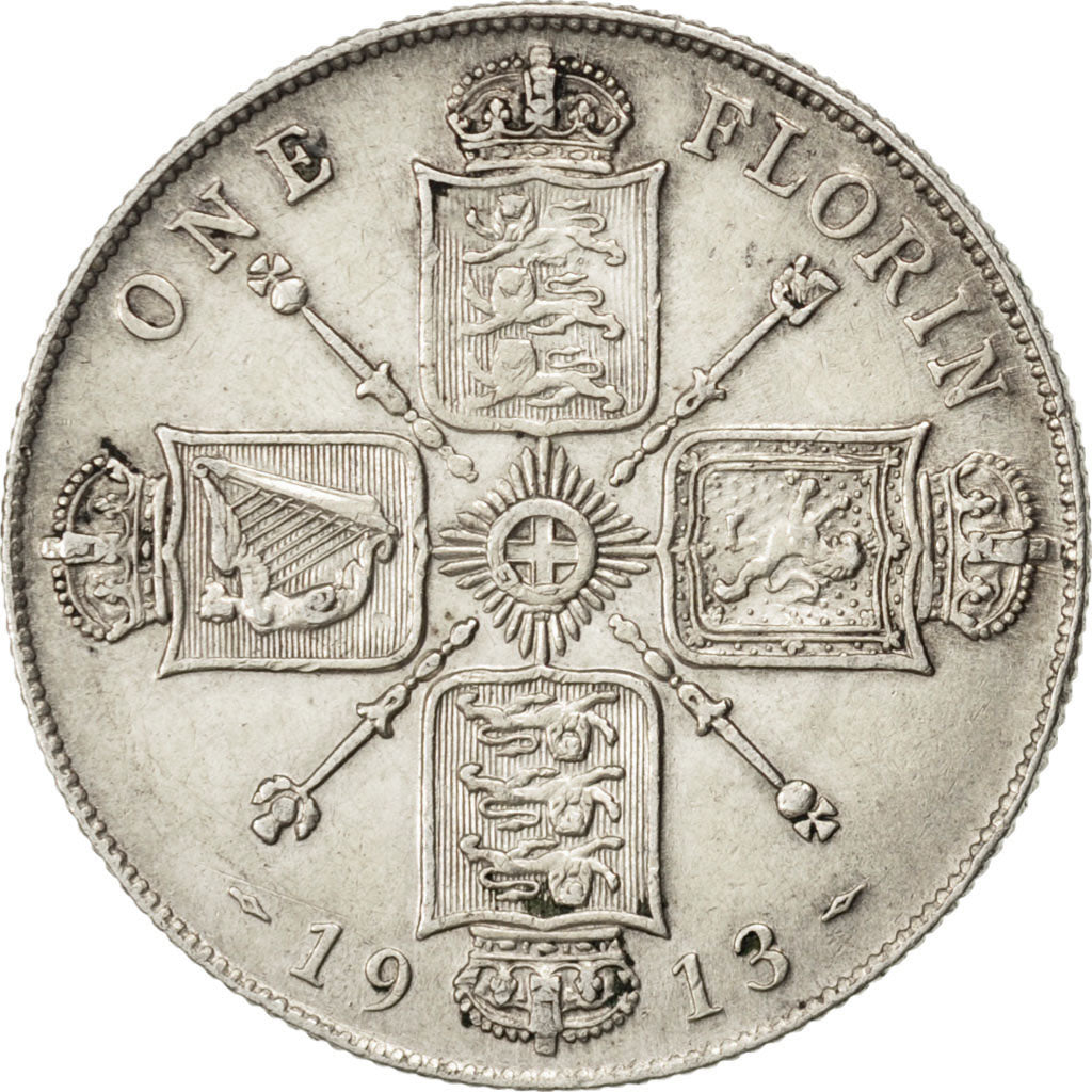GREAT BRITAIN, Florin, Two Shillings, 1914, KM #817, EF(40-45), Silver, 28.3,...