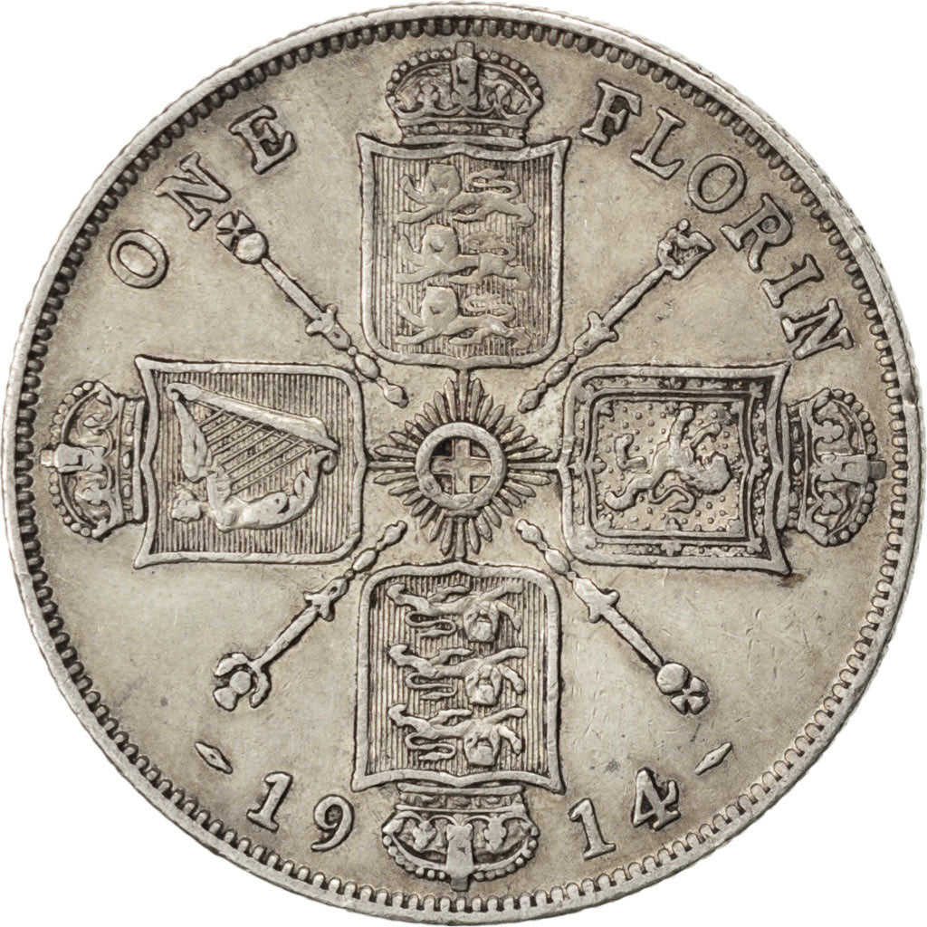 GREAT BRITAIN, Florin, Two Shillings, 1914, KM #817, EF(40-45), Silver, 28.3,...