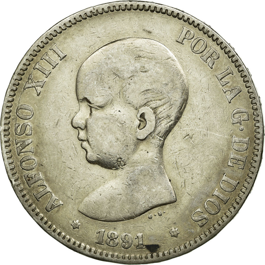 Coin, Spain, Alfonso XIII, 5 Pesetas, 1891, VF(30-35), Silver, KM:689