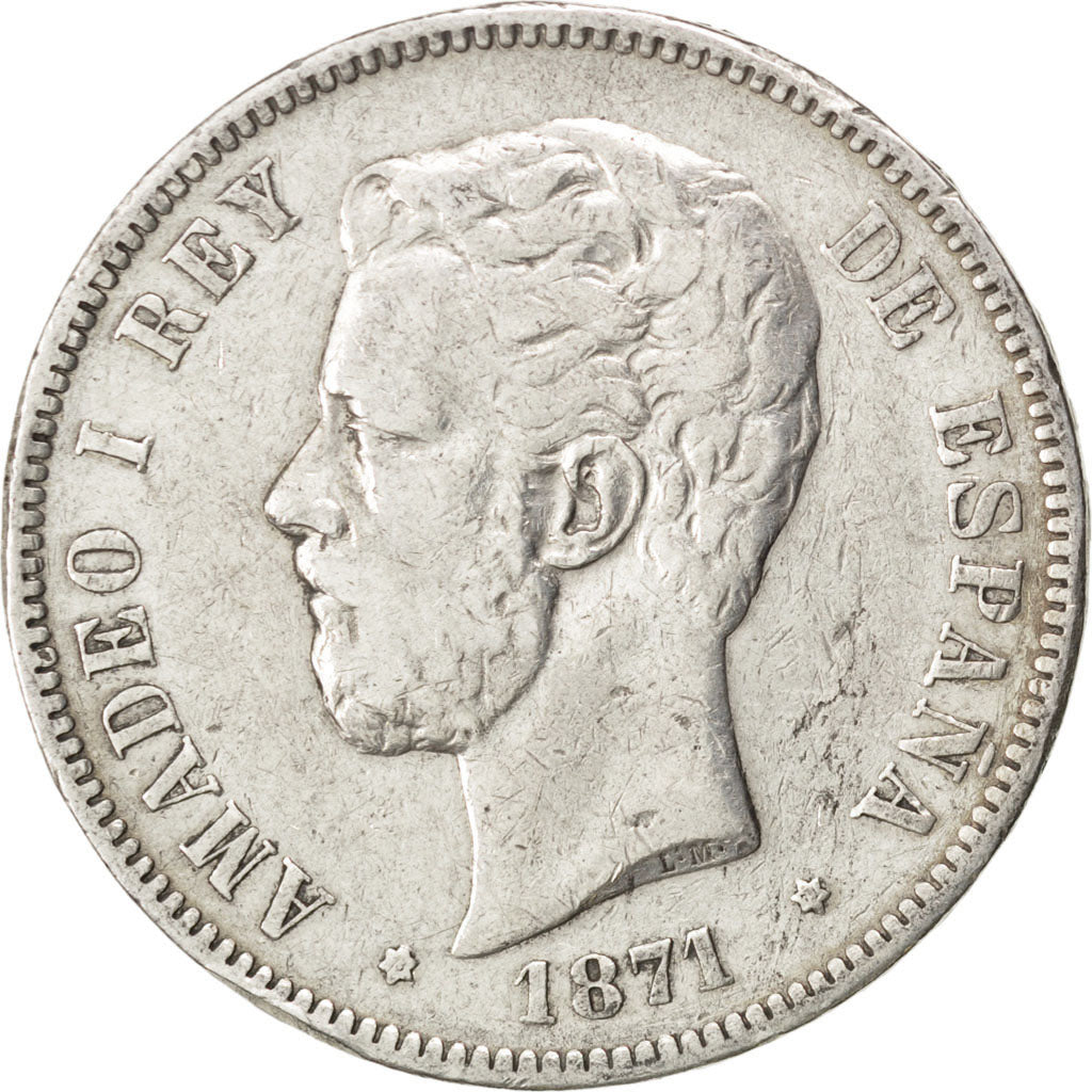 SPAIN, 5 Pesetas, 1871, KM #666, EF(40-45), Silver, 24.48