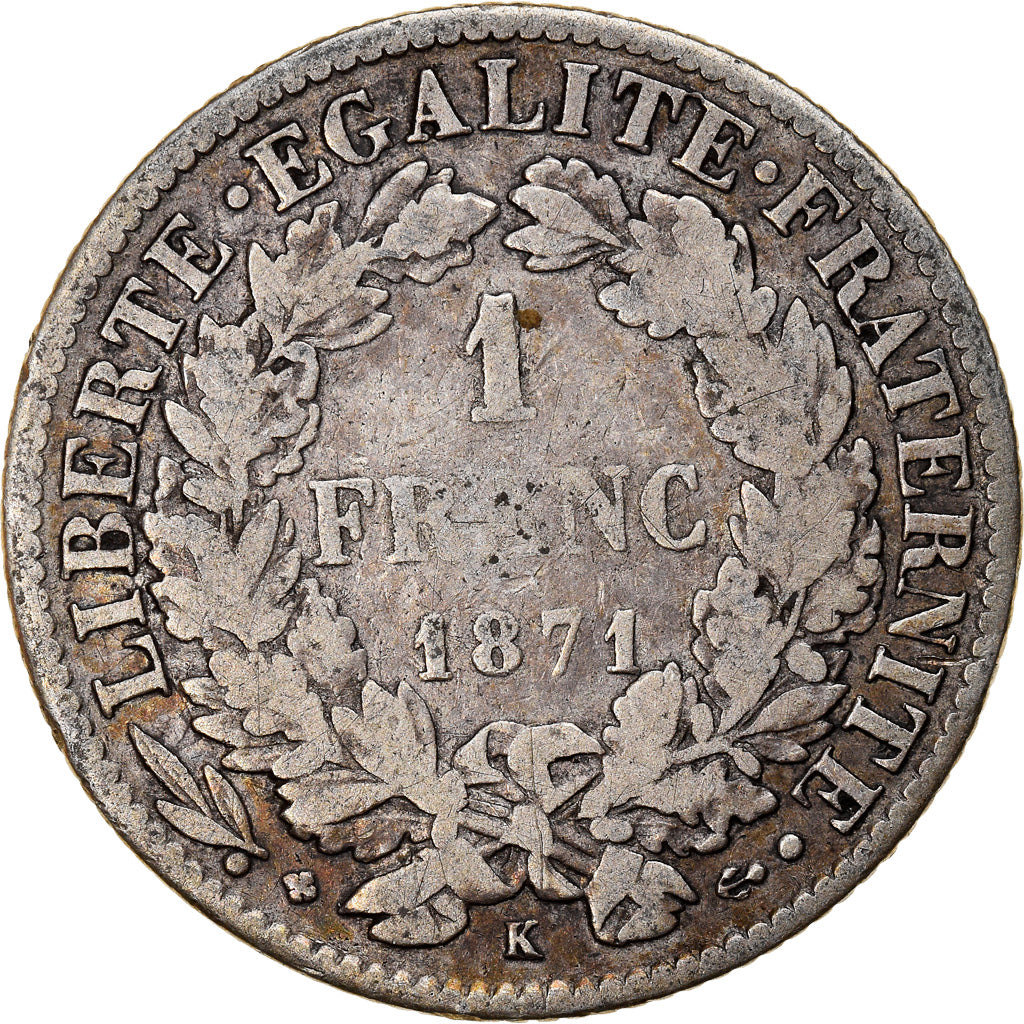 Moeda, França, Cérès, Franc, 1871, Bordeaux, VF(20-25), Prata, KM:822.2