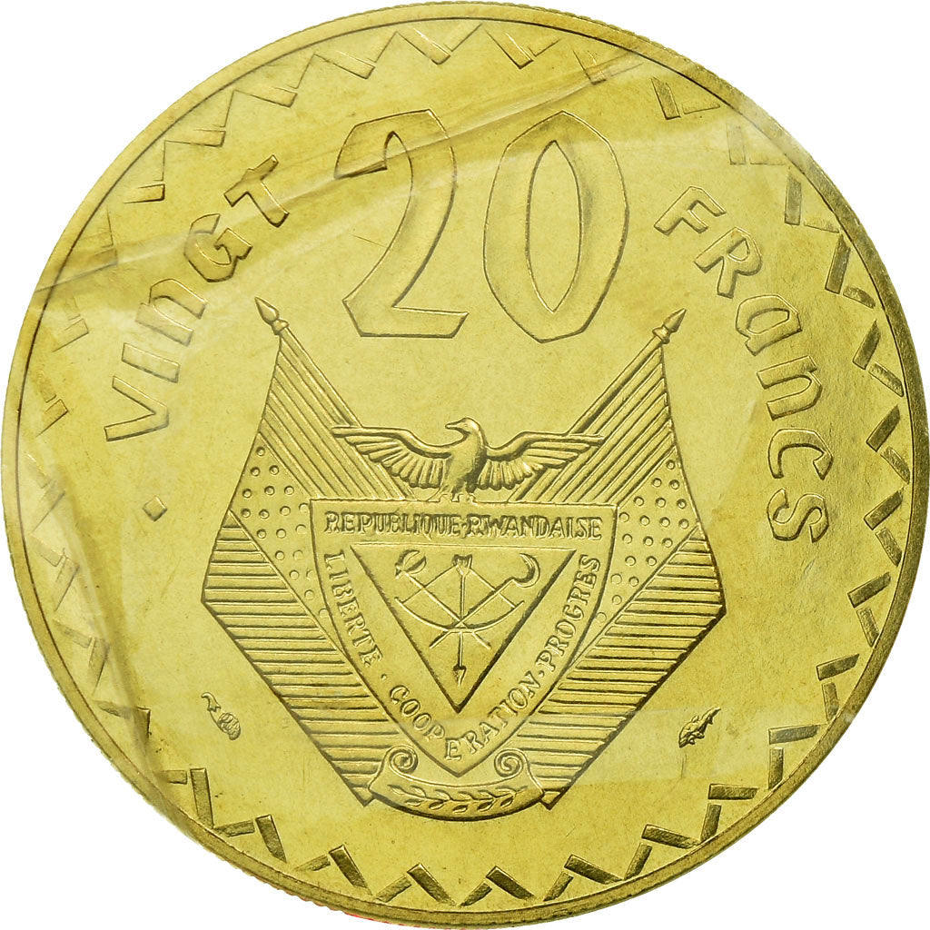 Moneta, Ruanda, 20 Francs, 1977, PRÓBA, MS(65-70), Mosiądz, KM:E6