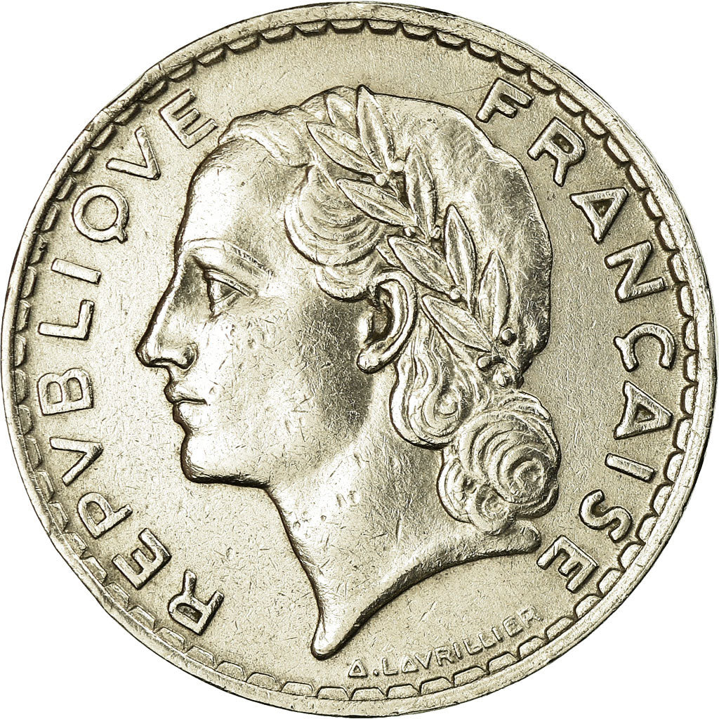 Moneda, Francia, Lavrillier, 5 Francs, 1933, Paris, MBC+, Níquel, KM:888