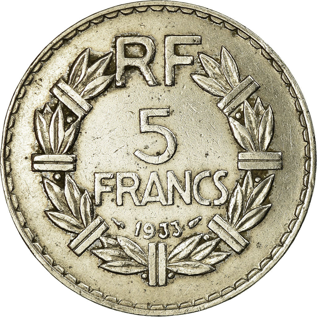 Moneda, Francia, Lavrillier, 5 Francs, 1933, Paris, MBC+, Níquel, KM:888