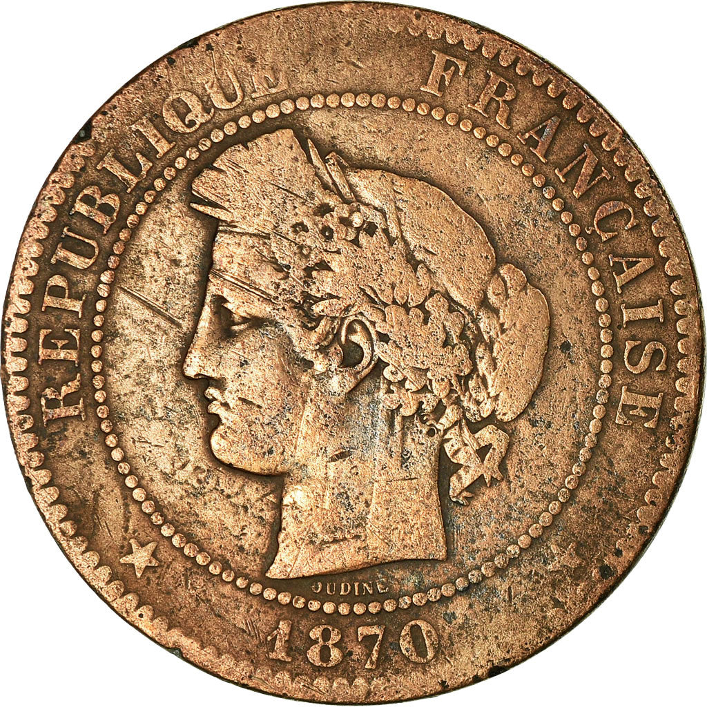 Monnaie, France, Cérès, 10 Centimes, 1870, Paris, Petit A, TB, Bronze