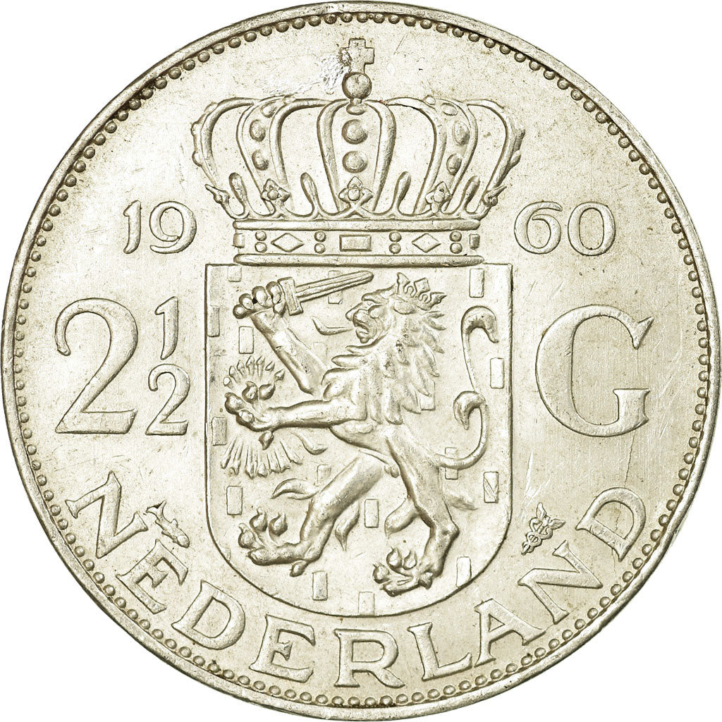 Coin, Netherlands, Juliana, 2-1/2 Gulden, 1960, AU(55-58), Silver, KM:185