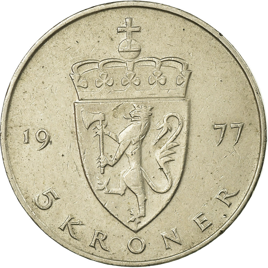 Moneta, Norvegia, Olav V, 5 Kroner, 1977, MB+, Rame-nichel, KM:420