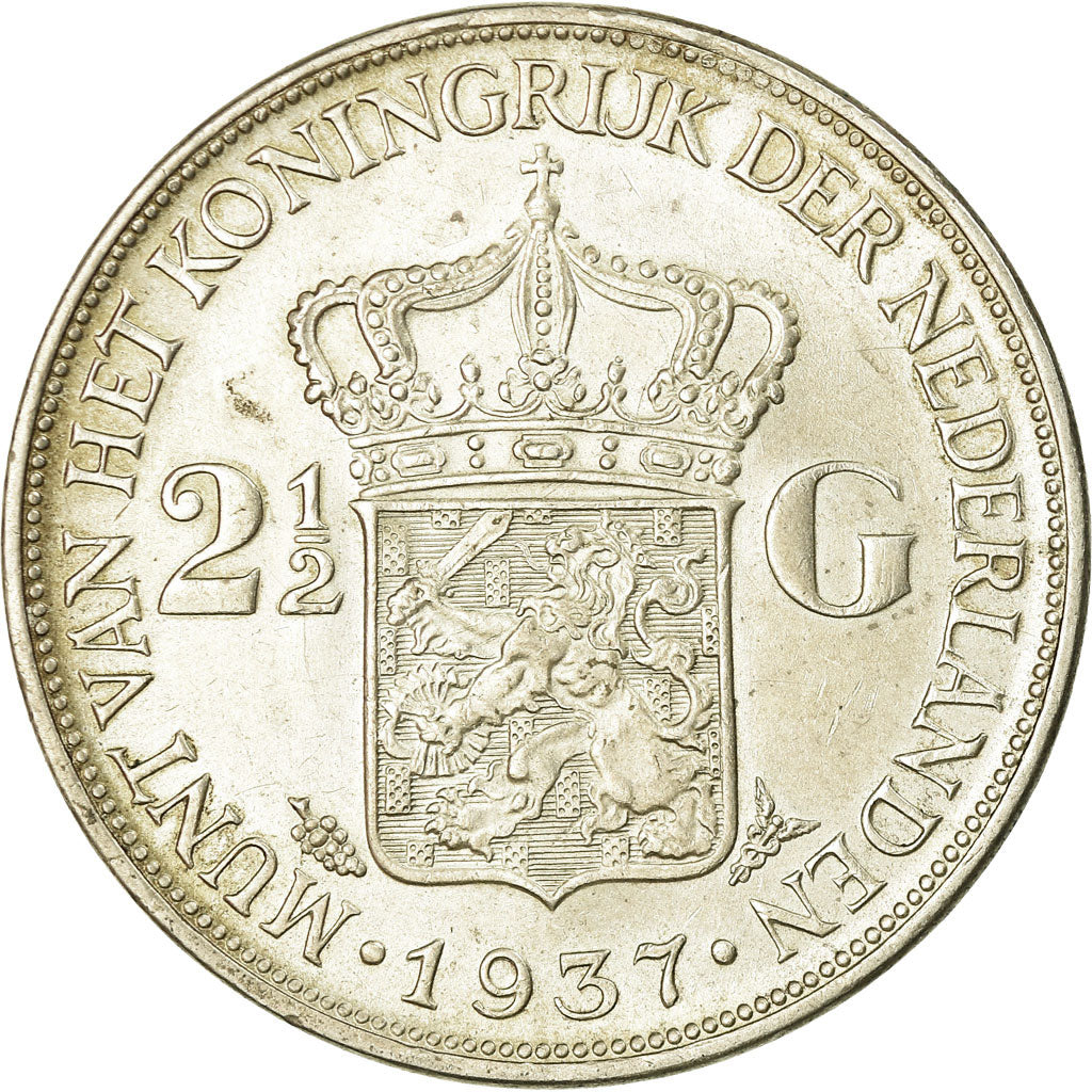 Coin, Netherlands, Wilhelmina I, 2-1/2 Gulden, 1937, AU(50-53), Silver, KM:165