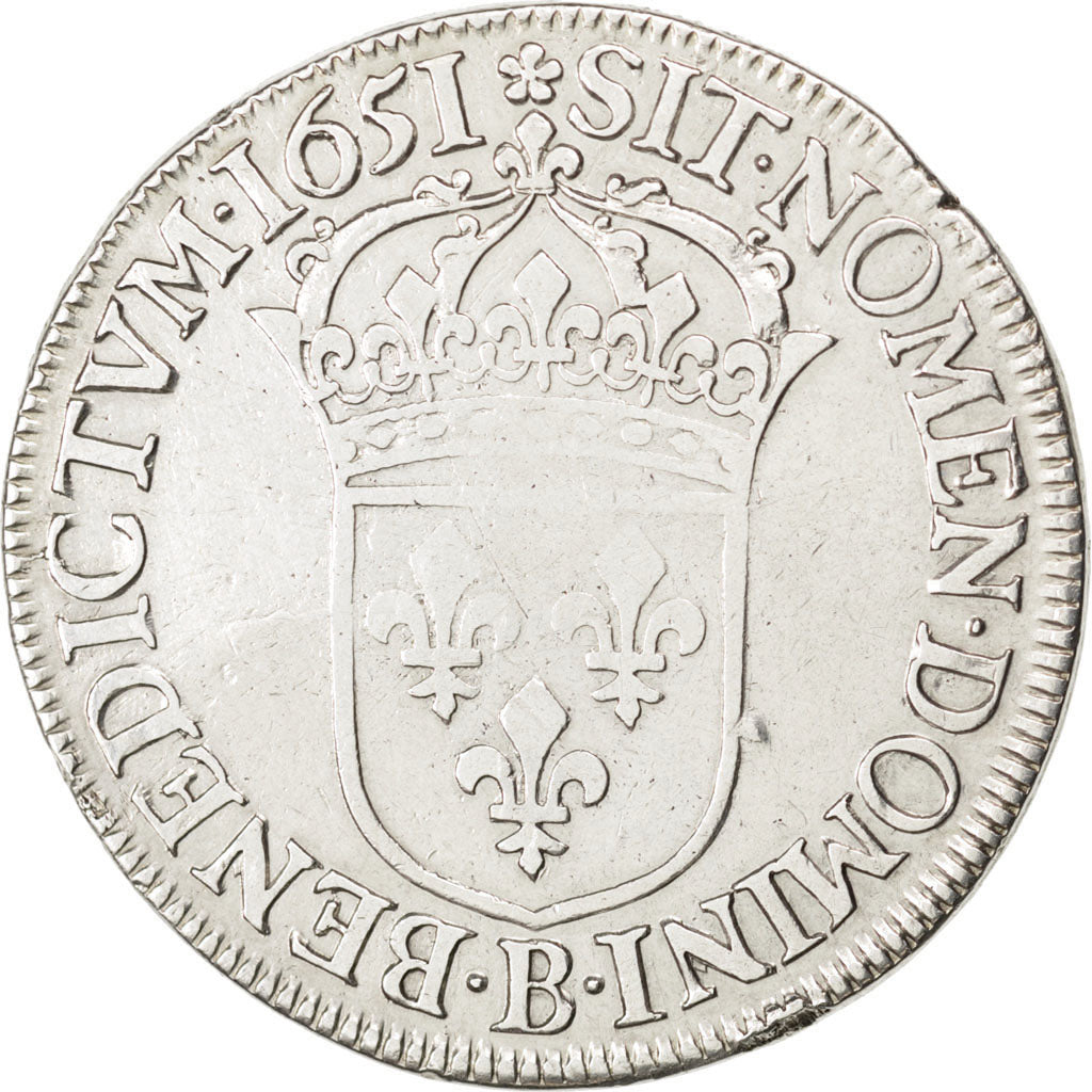 FRANCE, Écu à la mèche longue, ECU, 1651, Rouen, KM #155.2, VF(30-35), Silver, G