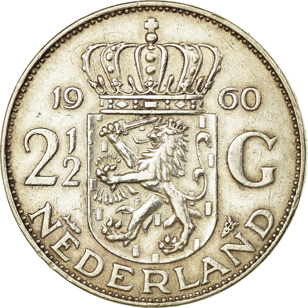 Coin, Netherlands, Juliana, 2-1/2 Gulden, 1960, EF(40-45), Silver, KM:185