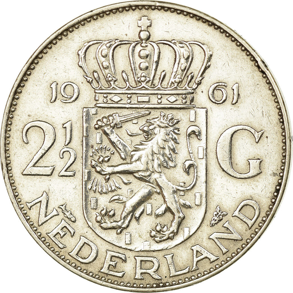 Coin, Netherlands, Juliana, 2-1/2 Gulden, 1961, EF(40-45), Silver, KM:185