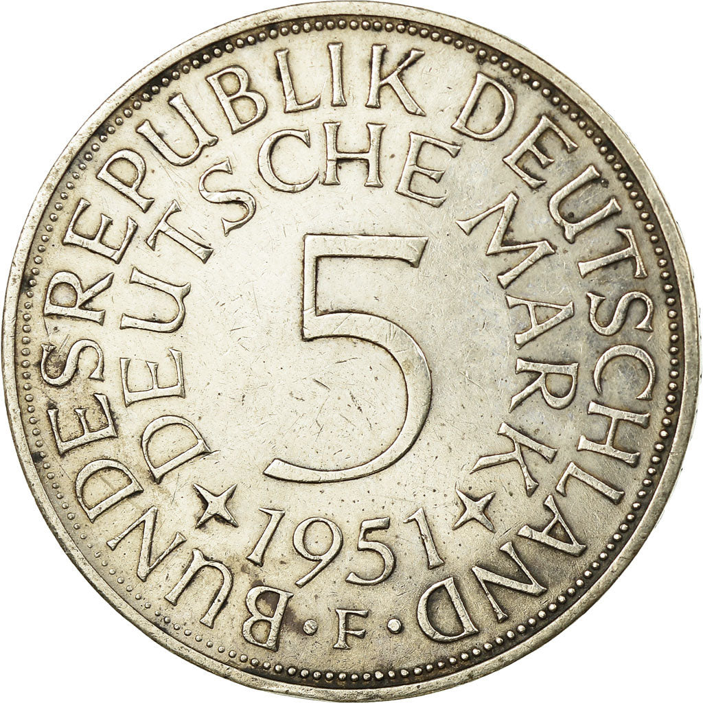 Coin, GERMANY - FEDERAL REPUBLIC, 5 Mark, 1951, Stuttgart, VF(30-35), Silver