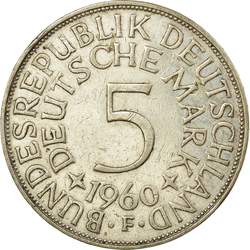 Coin, GERMANY - FEDERAL REPUBLIC, 5 Mark, 1960, Stuttgart, VF(30-35), Silver
