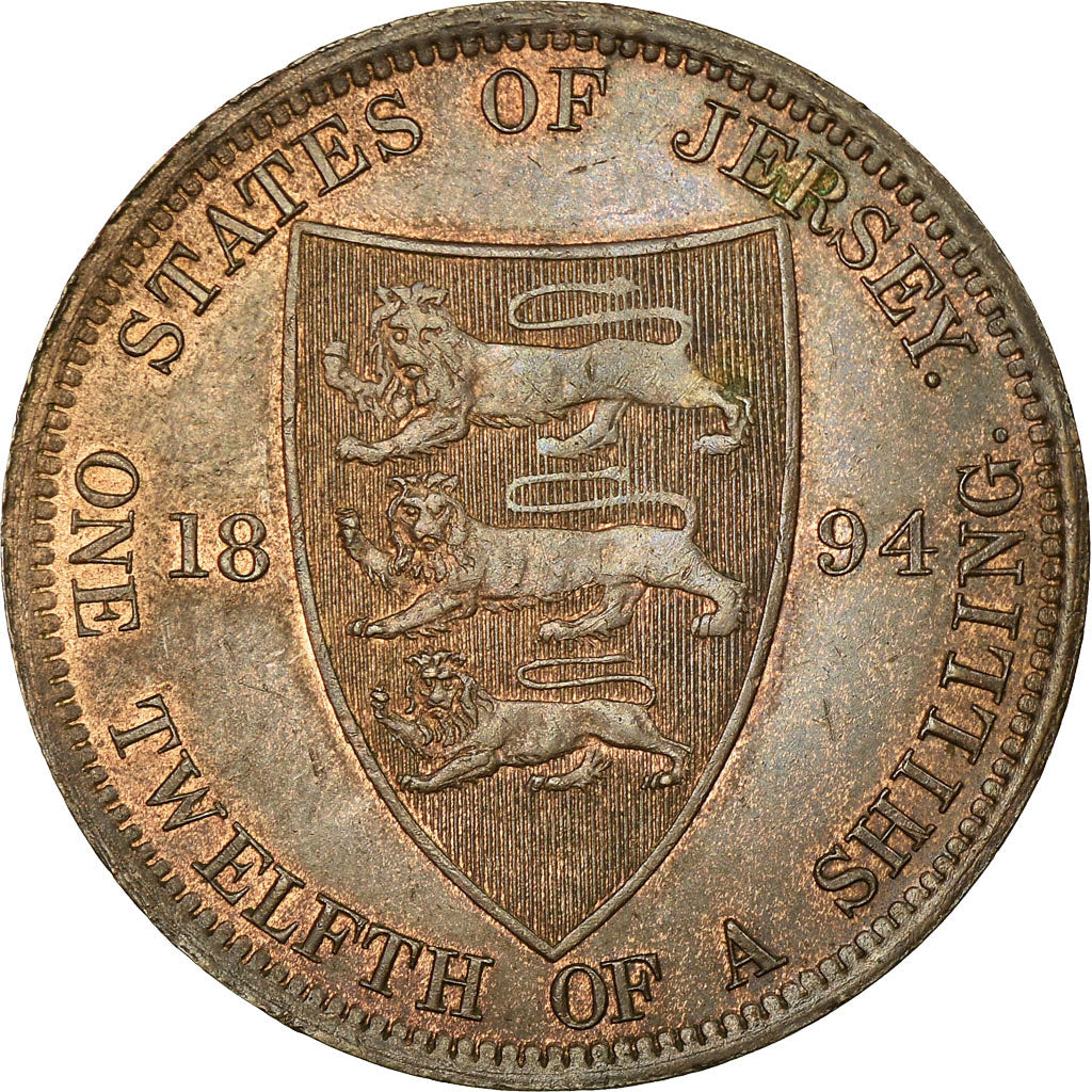 Coin, Jersey, Victoria, 1/12 Shilling, 1894, AU(50-53), Bronze, KM:8
