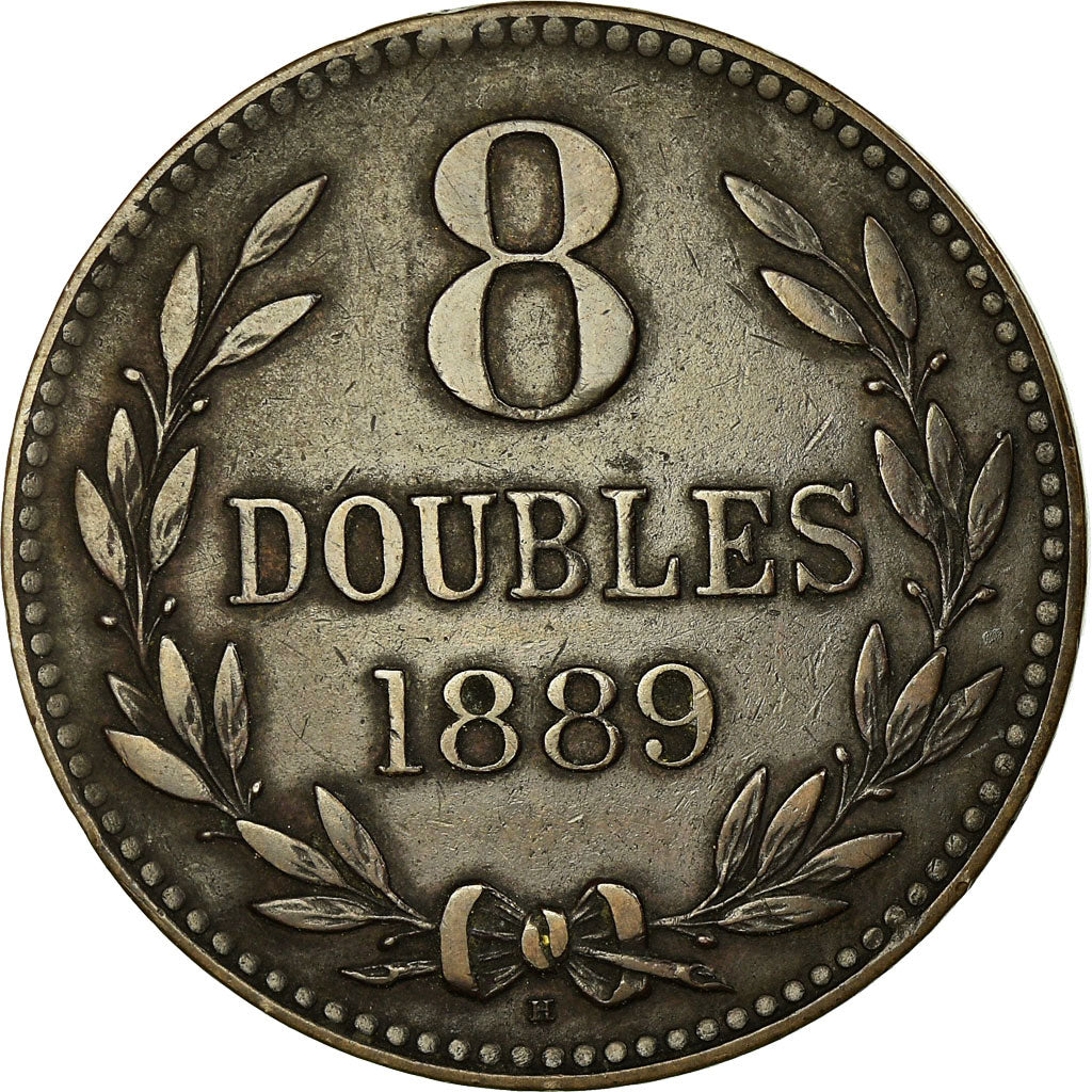 Coin, Guernsey, 8 Doubles, 1889, Heaton, Birmingham, EF(40-45), Bronze, KM:7