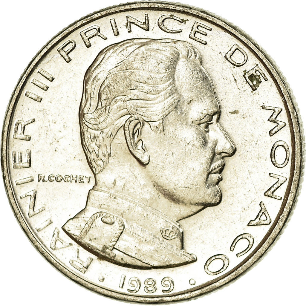 Coin, Monaco, Rainier III, 1/2 Franc, 1989, EF(40-45), Nickel, KM:145