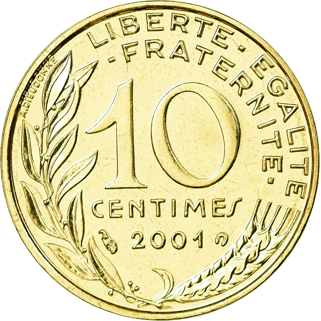 Munten, Frankrijk, Marianne, 10 Centimes, 2001, Paris, FDC, Aluminum-Bronze