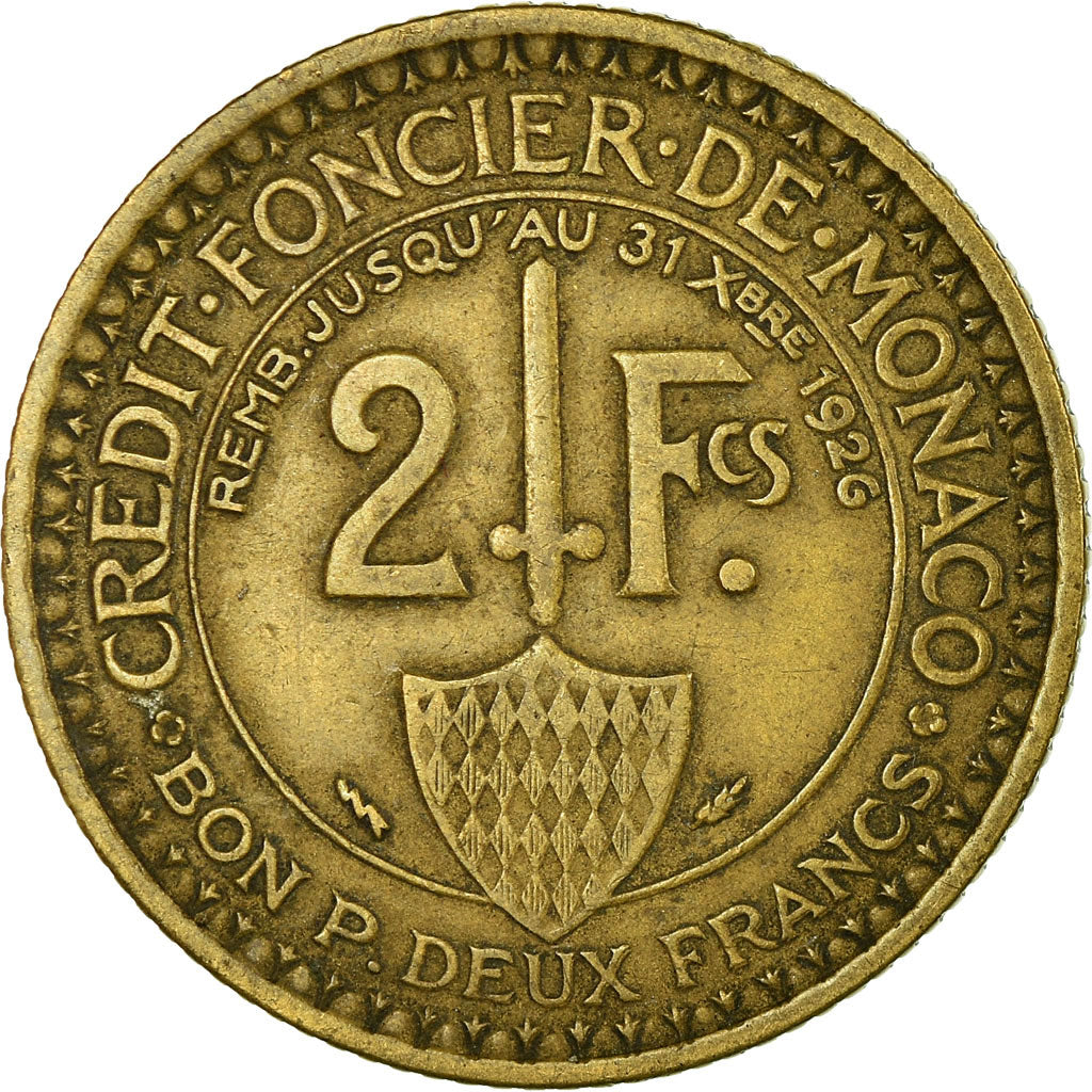Coin, Monaco, Louis II, 2 Francs, 1924, Poissy, VF(30-35), Aluminum-Bronze