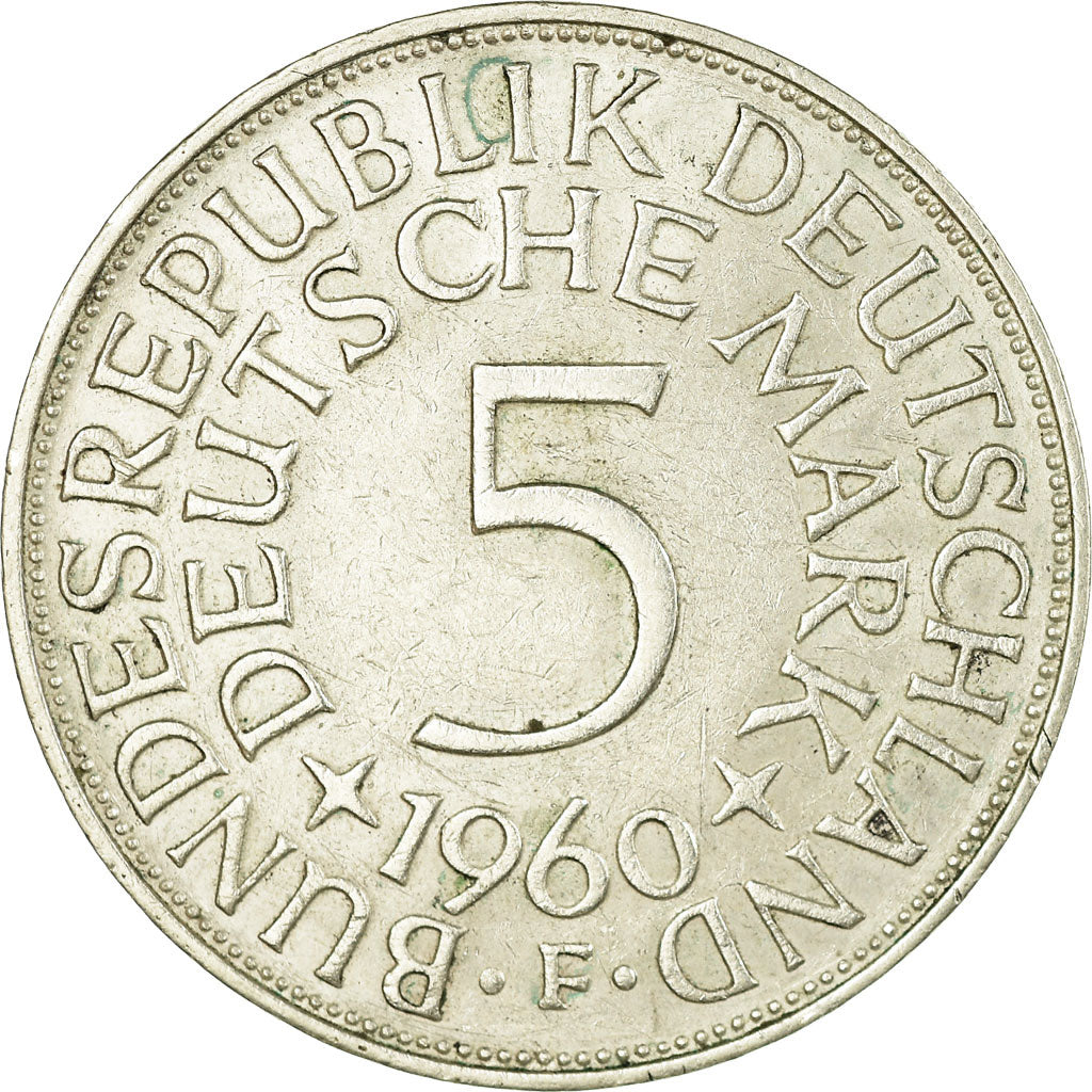 Coin, GERMANY - FEDERAL REPUBLIC, 5 Mark, 1960, Stuttgart, EF(40-45), Silver